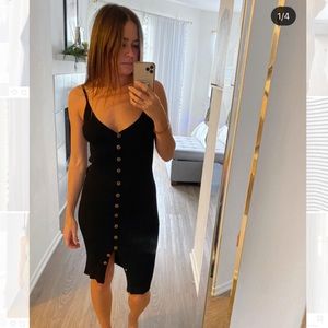 BLACK BUTTON FRONT RIB KNIT MIDI DRESS